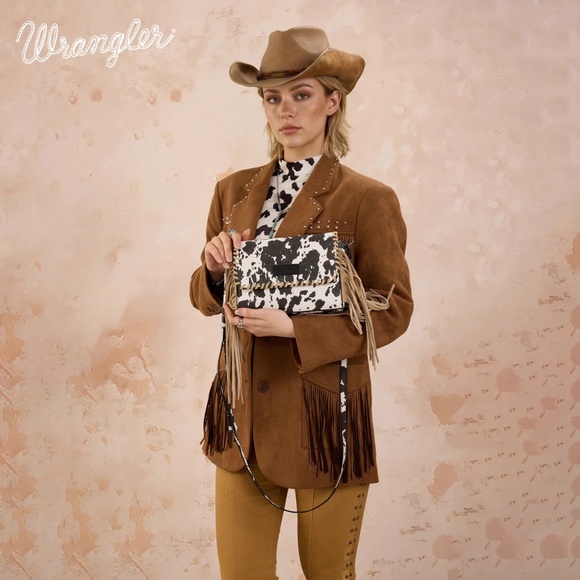 Wrangler Cow Print Fringe Crossbody Bag -Black - Picture 3 of 8